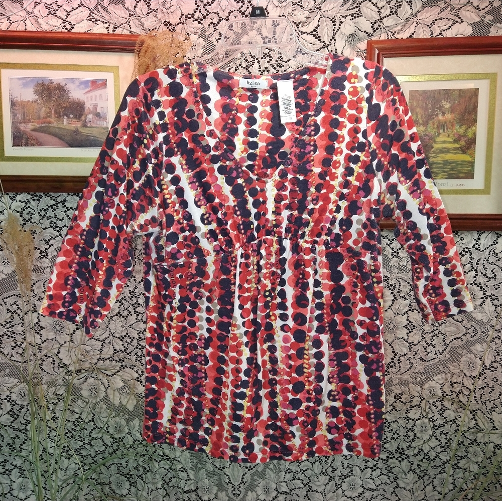 Liz & Co multi color tunic blouse loose fit abstract circle print 3/4 sleeves